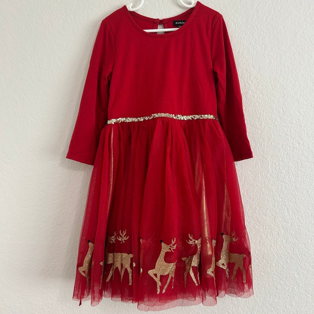 Zunie Girls Red Tulle Christmas Holiday Dress Reindeer Sequin Belt Size 7